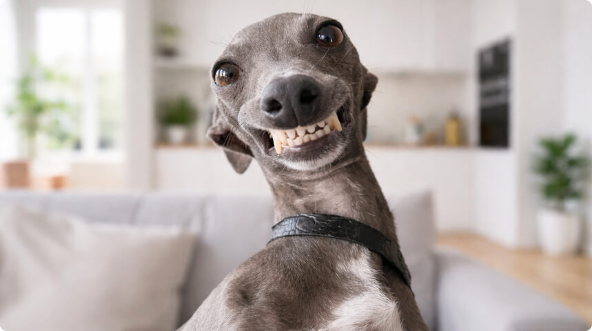 левретка поджимает  верхнюю губу и демонстрирует зубы